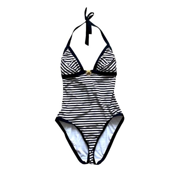 ABS by Allen Schwartz Black White Stripe One Piece Bathing Suit Size 8 - Picture 1 of 4